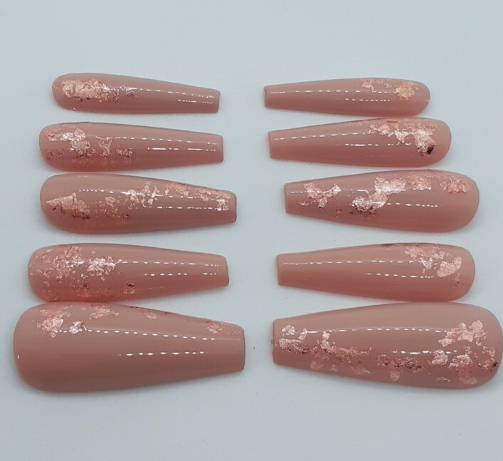 Nude Rose Gold Leaf Foil Luxury Natural Set Of 10 Press on Nails