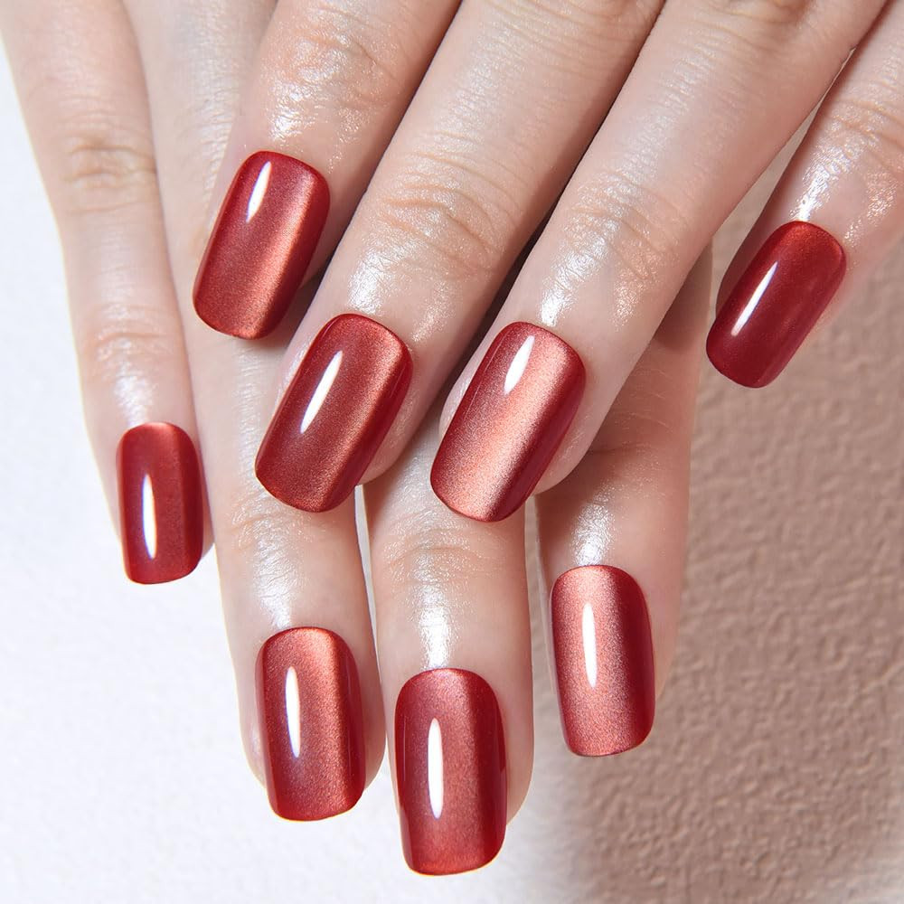 Red Cat Eye Press on Nails Medium Square, Medium Square Press Stick on Nails Chr