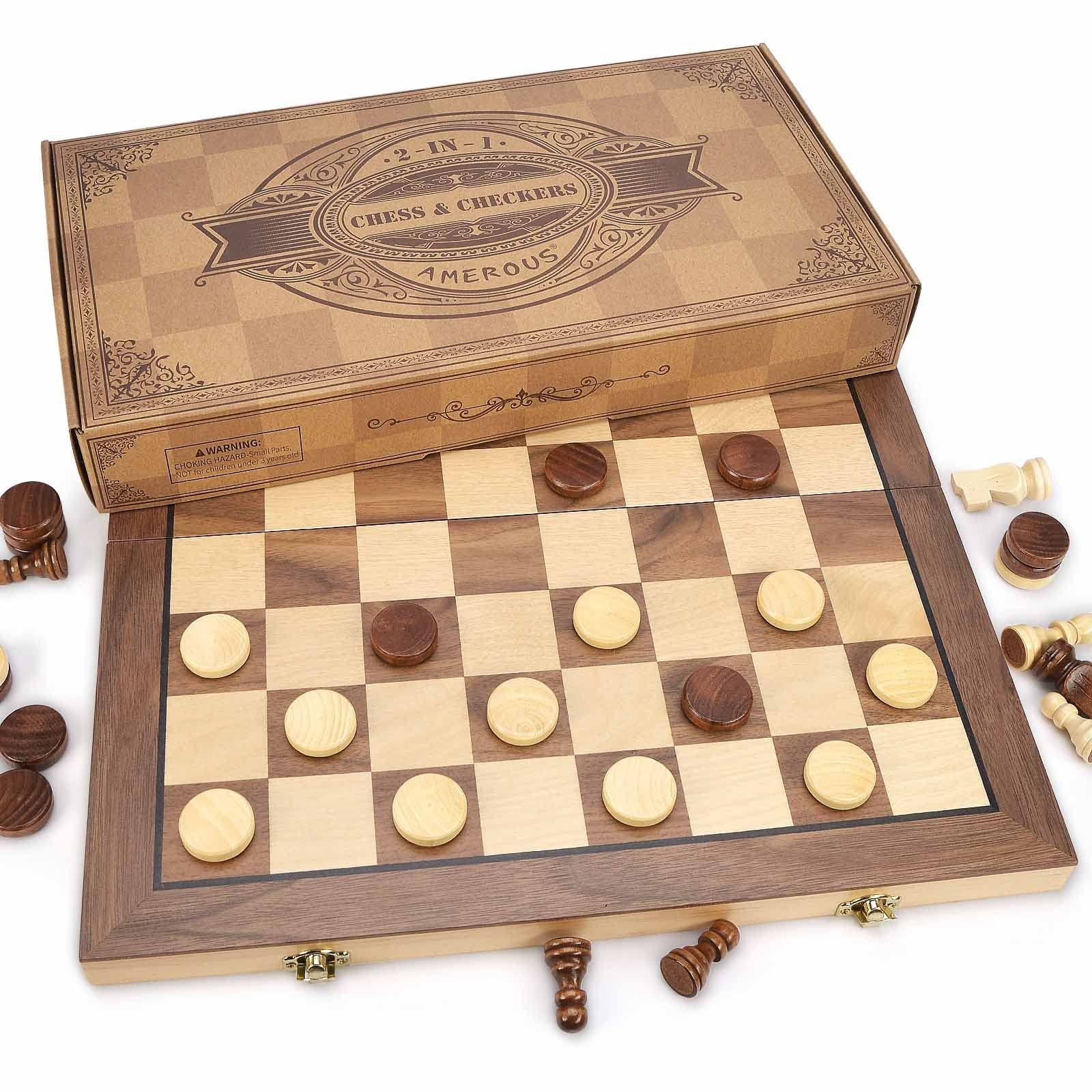 AMEROUS 15” Magnetic Wooden Chess & Checkers Game Set -2 Extra Queens Brown