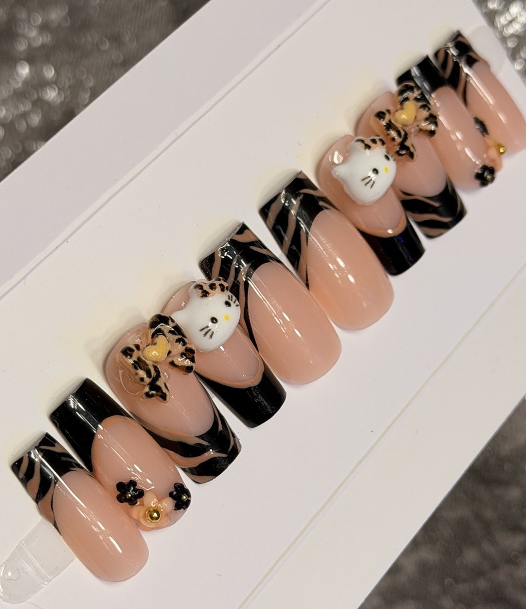 ✨ CUSTOM Press On Nails FRENCH BLACK HELLO KITTY BLING Flower 10p SET W Kit