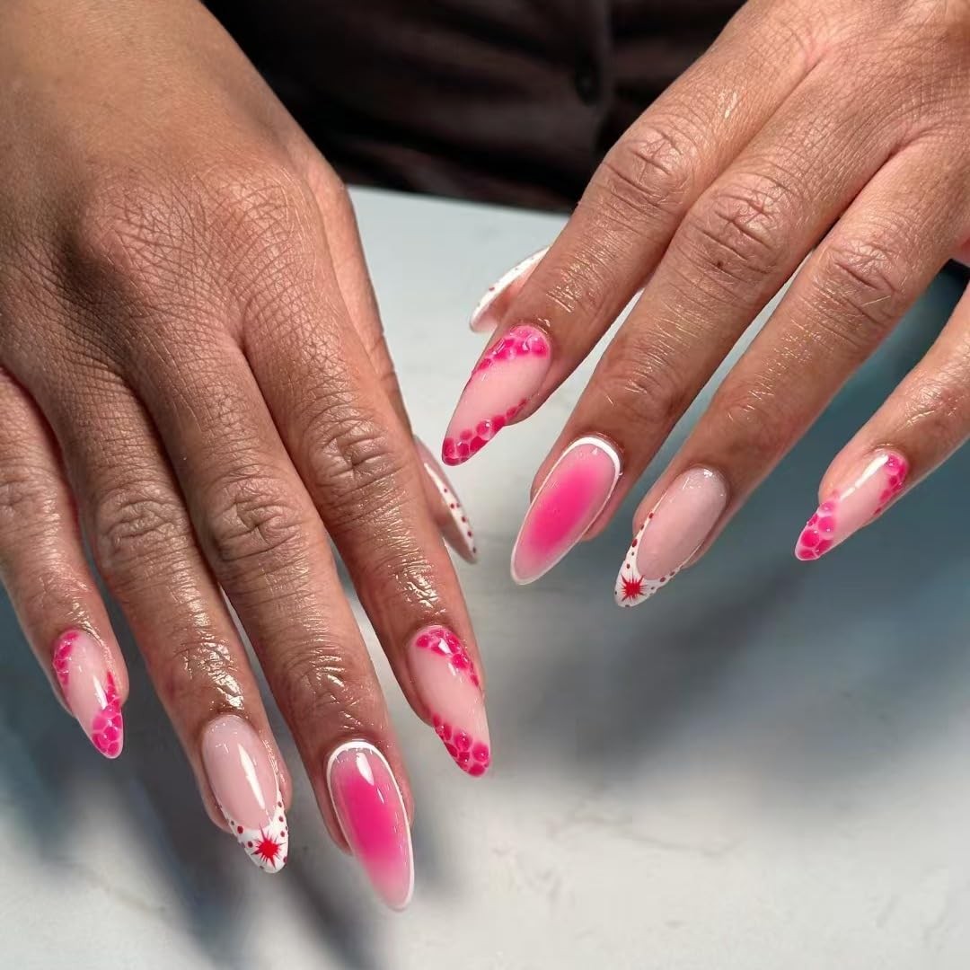French Tip Press on Nails Long Almond Fake Nails Glossy Glue Pink White Acryl…