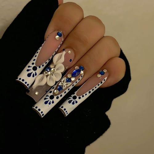 Long Nail Press ons Square Press on Nails White French Fake Long Style-C5C25