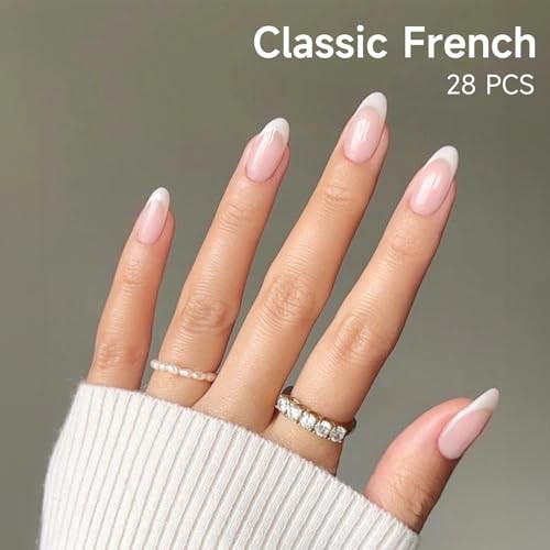 Semi Cured Gel Nail Strips, 28 pcs French Tip Gel Nail Stickers for Women Work