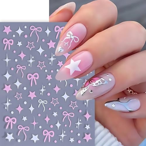 8 Sheets Heart Bow Star Nail Stickers for Nail Art 3D Self-Adhesive pink bow