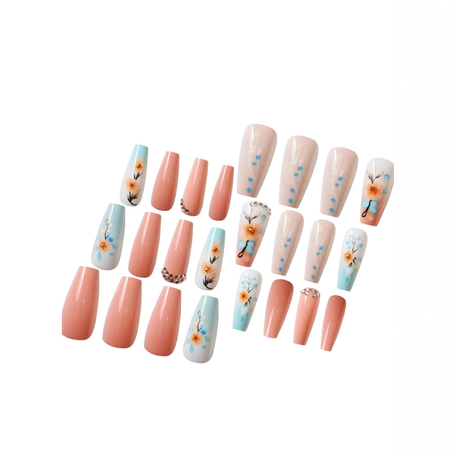 24PCS Sweet Cool 3D Floral Coffin Rhinestone Contrast Ballet Short Press On Nail