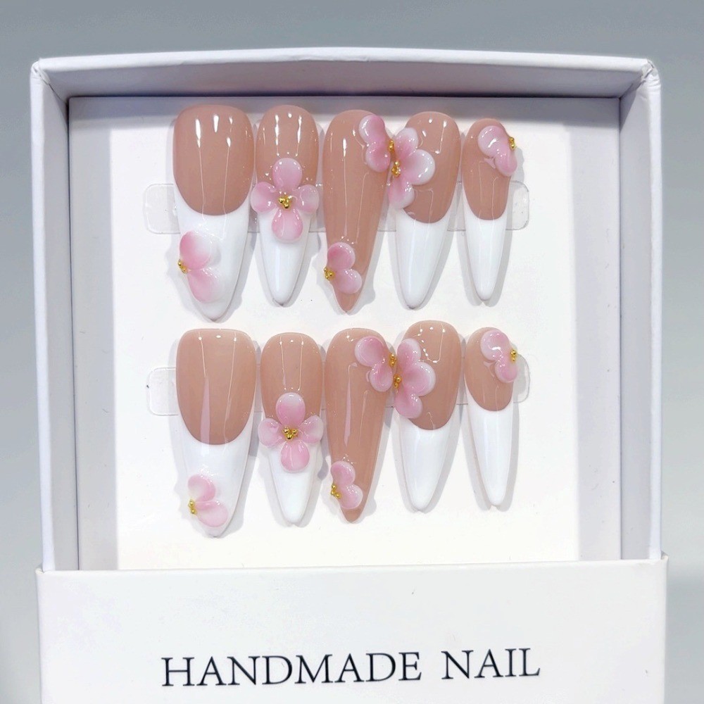 10pcs Nude French Press on Nails 3D Pink Flower Gold Pearl Long Stiletto Tips