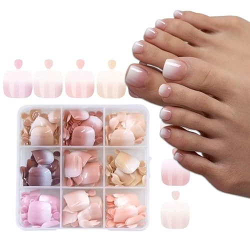 216 Pcs Ombre Press on Toenails Short Square Fake Toe Nails, Full Cover Glossy