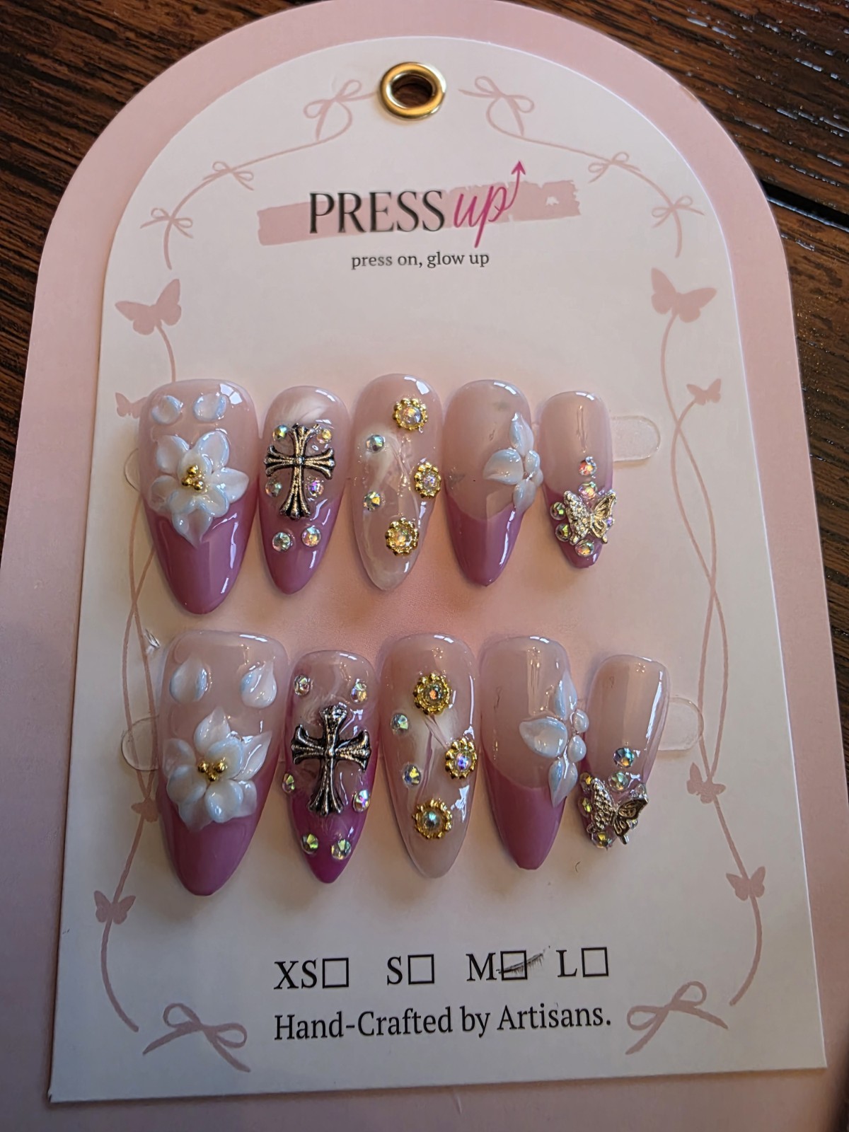 Gorgeous 3D Set Press-On Nails Purple Pink Floral 1″ (2.5 Cm) Medium Width