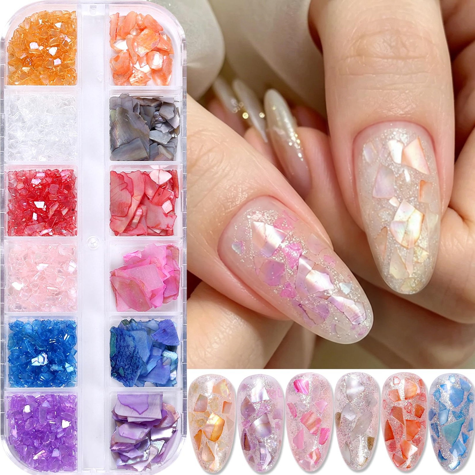 Shell Nail Glitter Flakes Set Summer Beach Ocean Holographic Iridescent Shell…