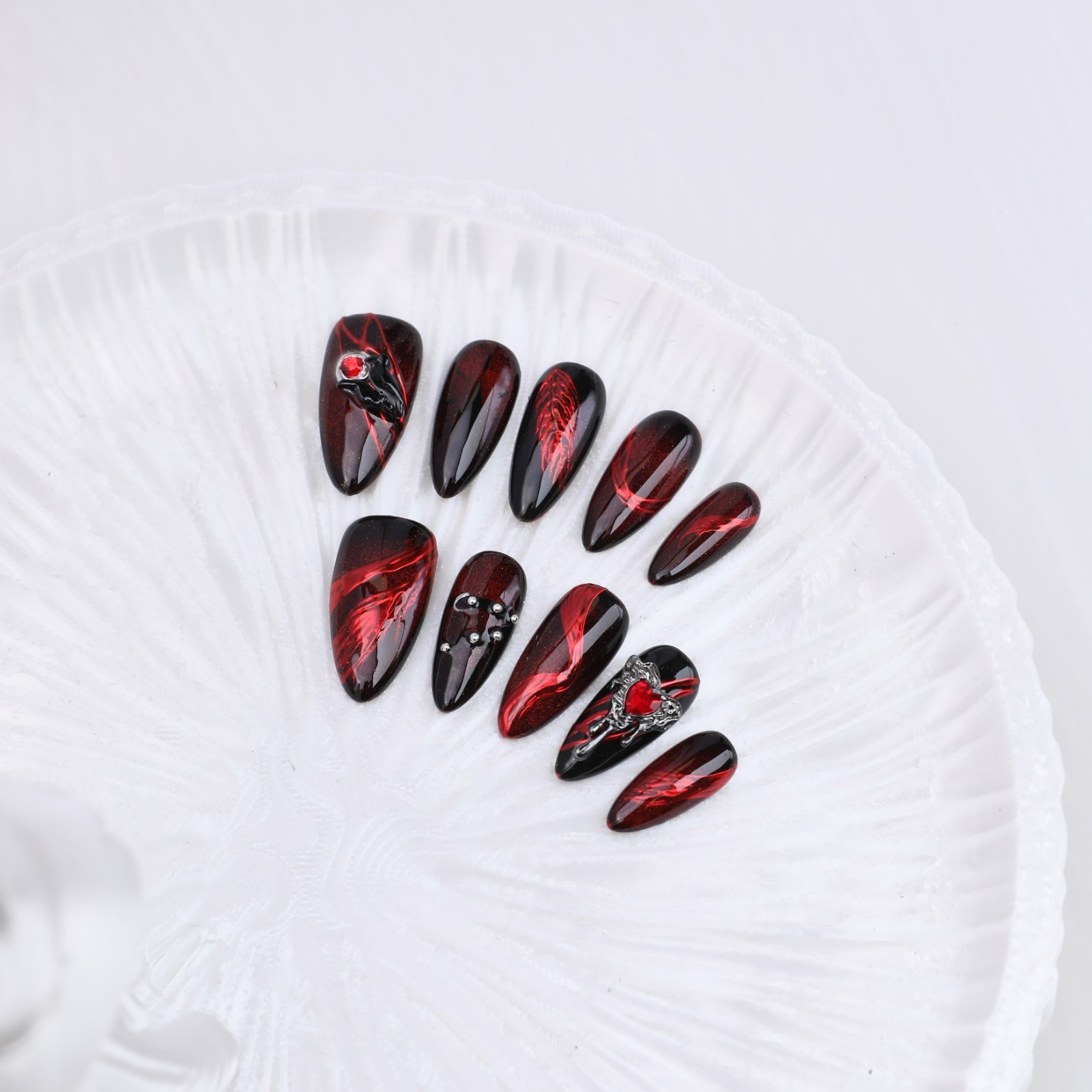 Press On Nails Medium Almond Black Red Cat Eye Rhinestone Gothic Halloween Nails