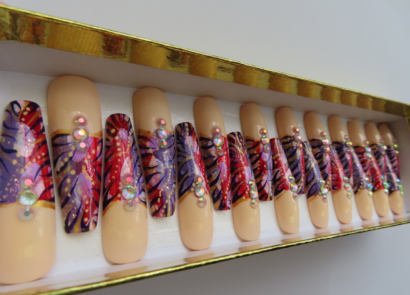XL Red Purple Cream Gold Metalic Black Bling Abstract Tip Coffin Press On Nails
