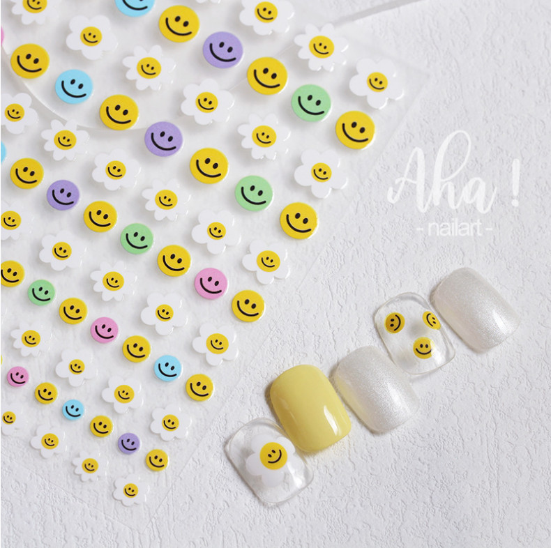 Nail Art 3D Decal Emoji Happy Smile Face Stickers Yellow White Daisy Flower NH20