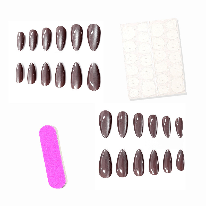48 Pcs Brown Cat Eye Press on Nails, Long Stiletto Glossy Metallic Fake Nails
