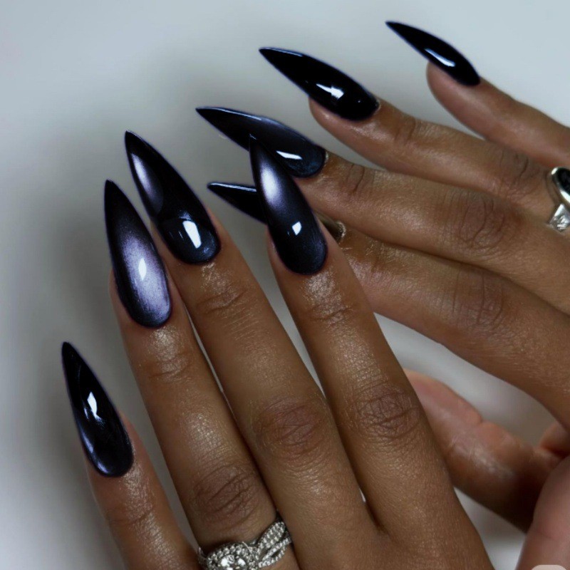 60Pcs Black Purple Cat Eye Press on Nails, Long Stiletto Glossy Fake Nails