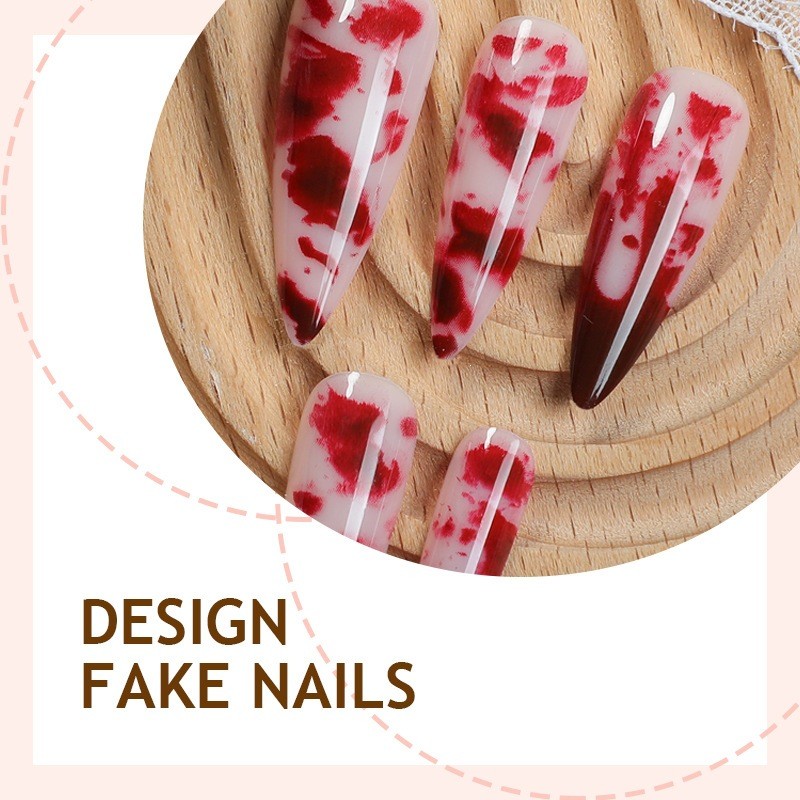 48 Pcs Blood Splatter Press on Nails, Long Stiletto Halloween Party Decor Nails