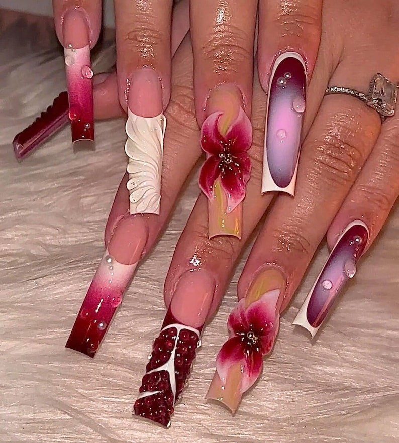 Gorgeous Orchid 3D Flower Press On Nails Square Pomegranate Fake Nails Custom
