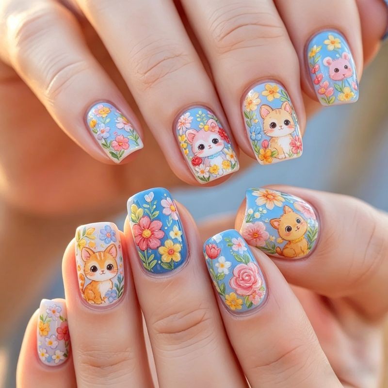 96Pcs Short Square Nails, Cute Cat Unicorn, Flower & Bird Hand Painting