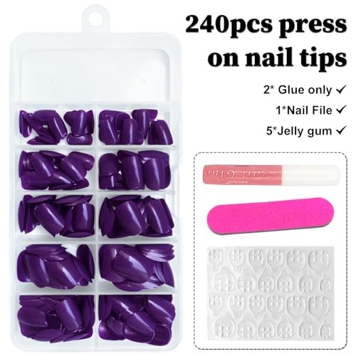 Short Press on Nails Short Square Round Fake Nails Glossy Full Deep Purple