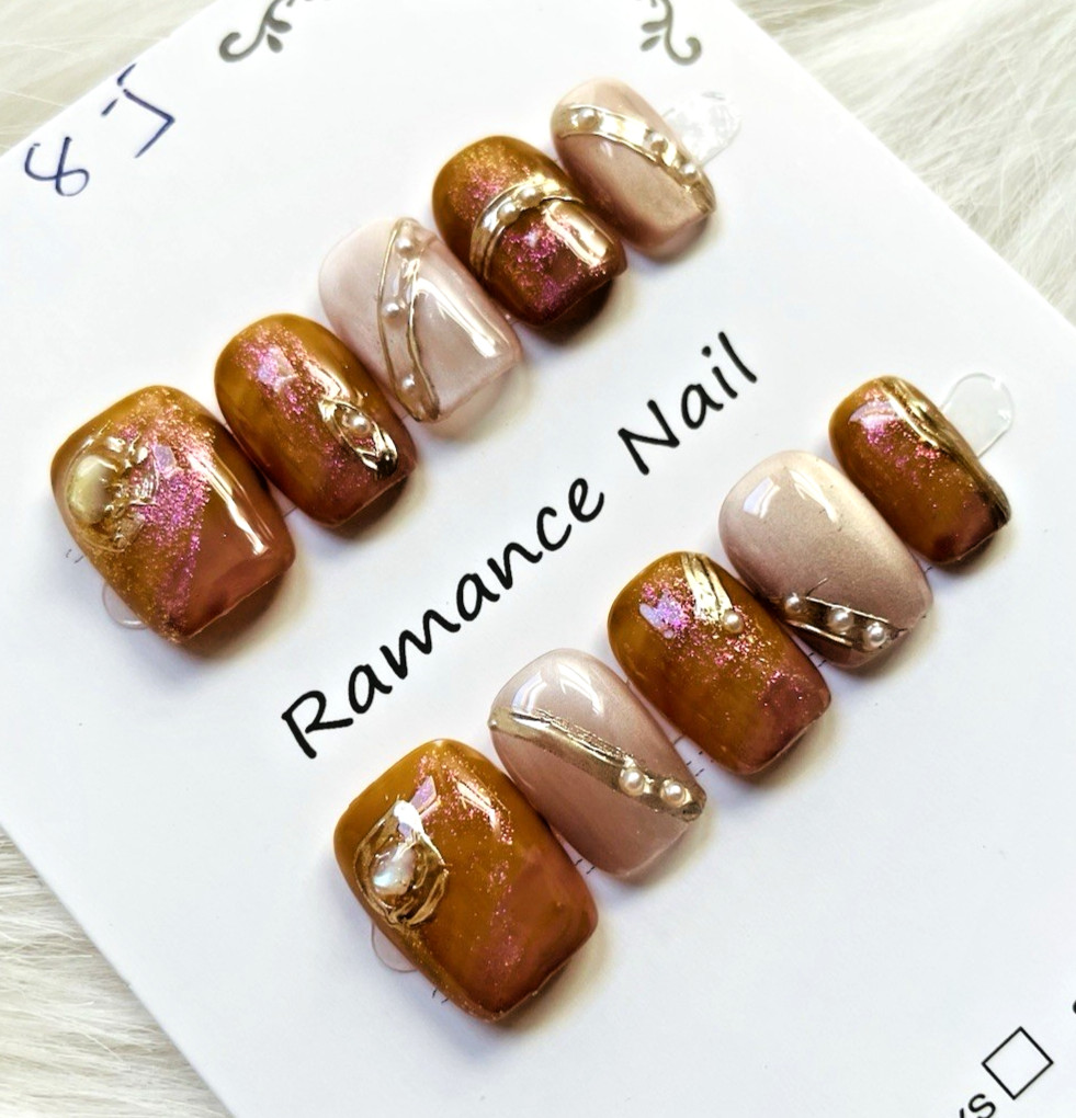 Bronze Pink Pearl Gold Premium Press On Nails Size MEDIUM, Short Length Square