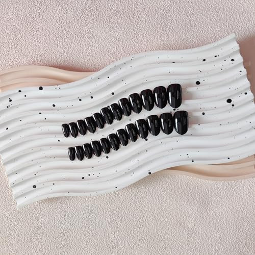 Black Press on Nails Short Oval Round Nails Glue on, Fall Winter oval black