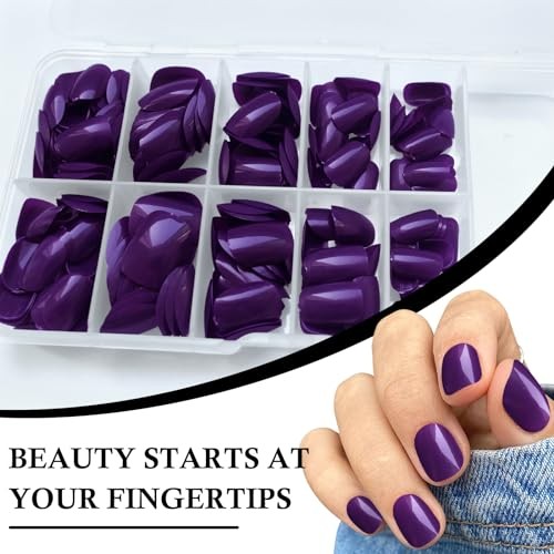 Short Press on Nails Short Square Round Fake Nails Glossy Full Deep Purple