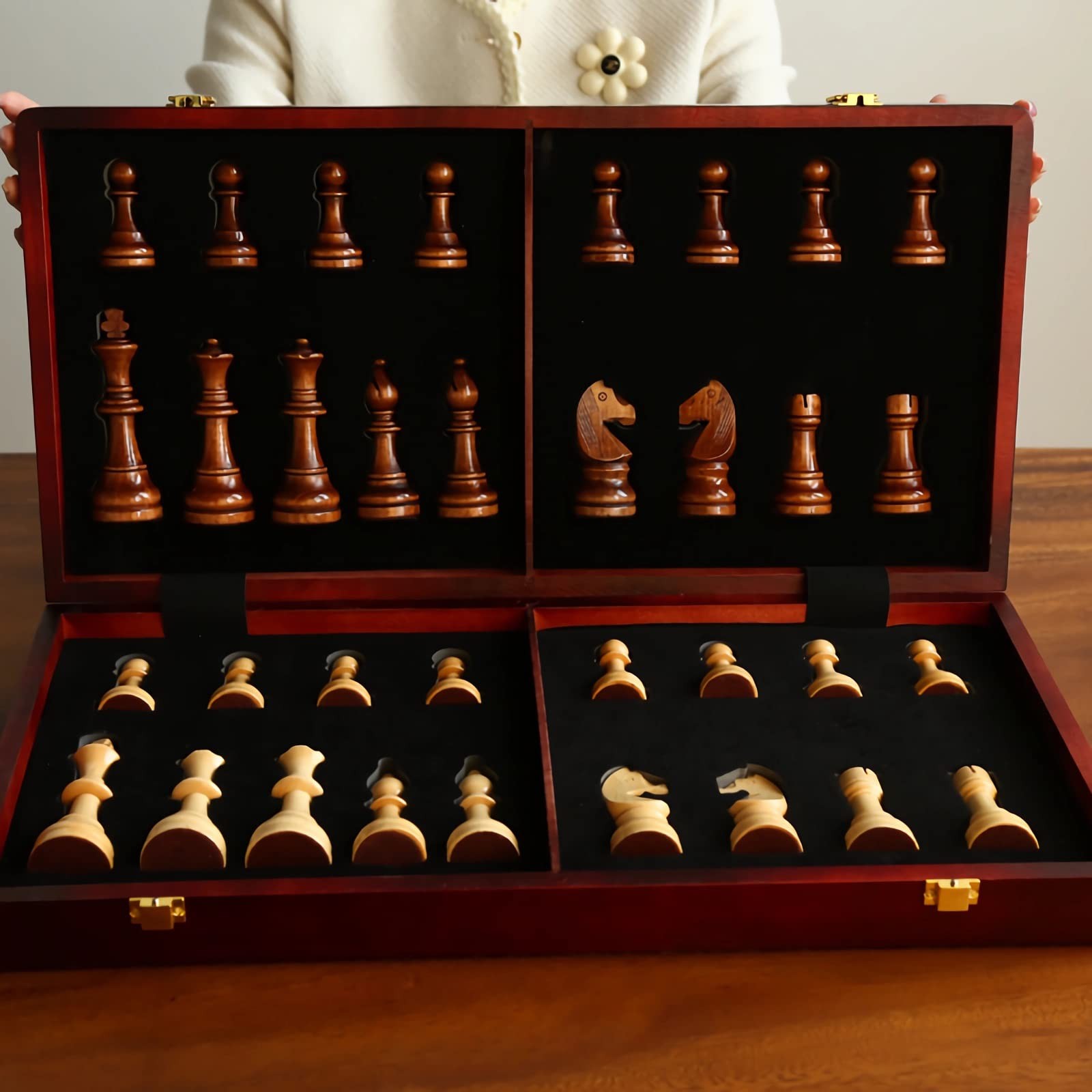 20″ Extra Large Solid Walnut Wooden Chess Set with 2 Queen Pieces – 20
