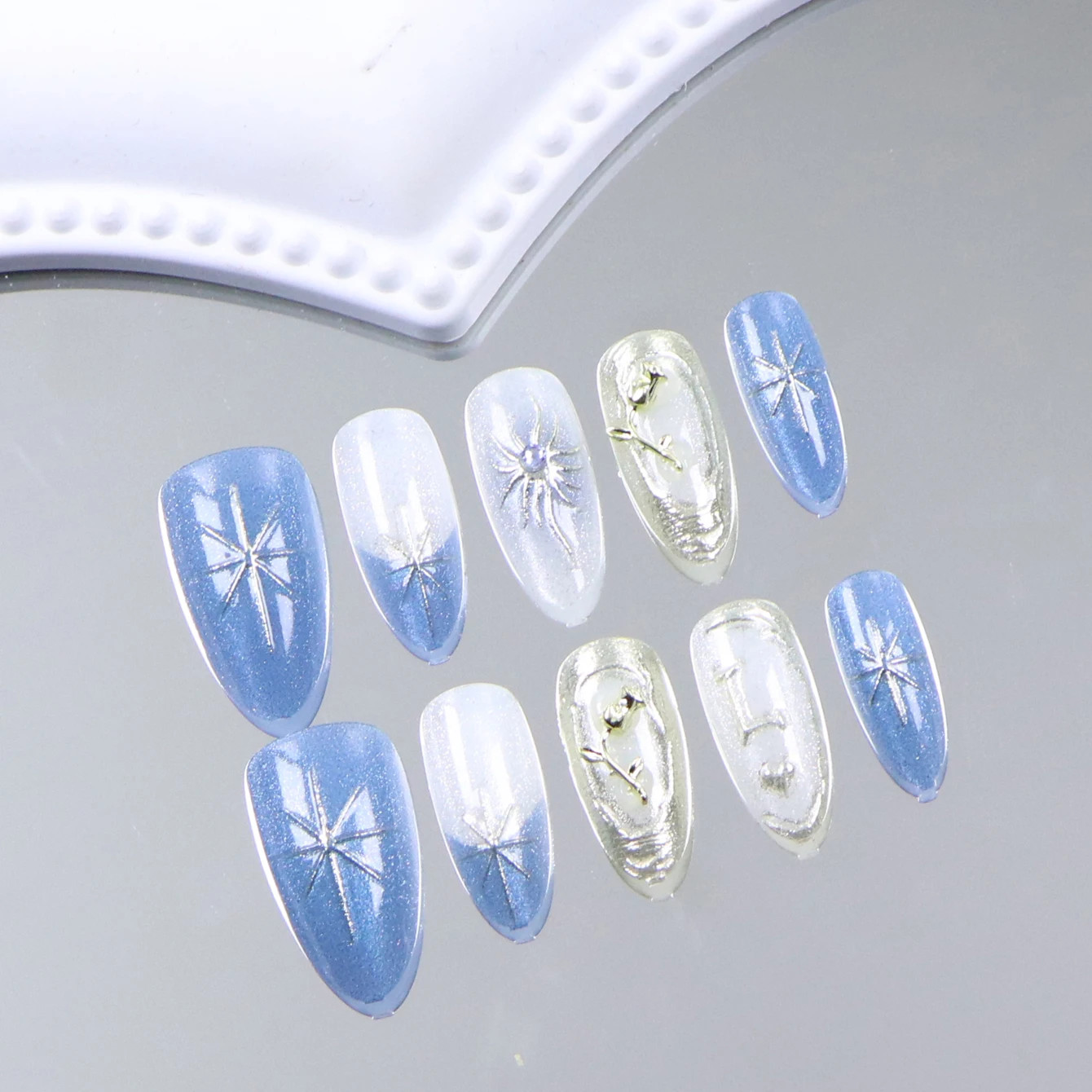 10PCS Medium Almond Nails 3D Rose Sunflower Blue Acrylic Press On Nails