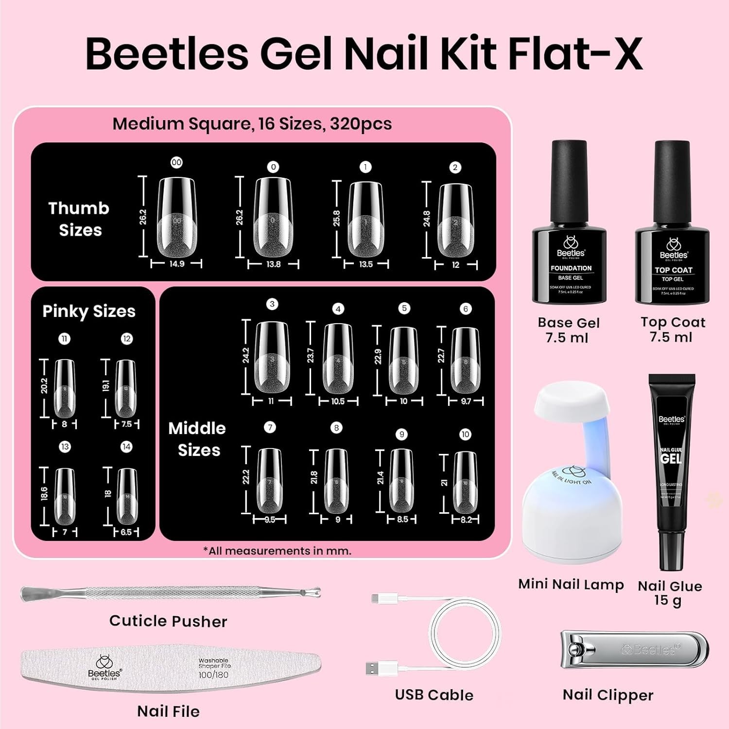 Beetles Gel Nail Kit Flat-X, Square Medium, 320pcs 16 Sizes Nail tips, with 1…