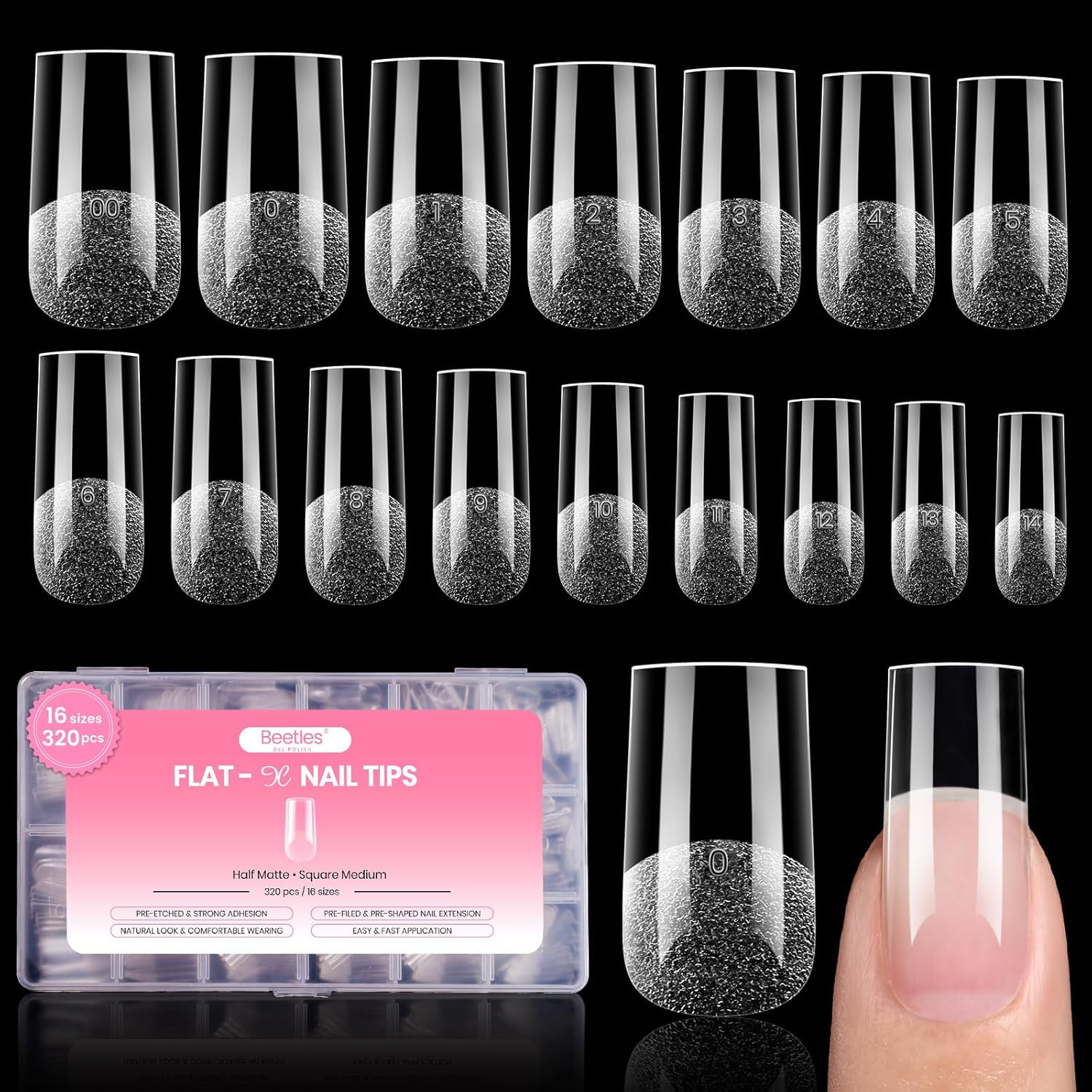 Beetles Gel Nail Tips Flat-X- Square Medium, 320Pcs 16 Sizes(00-14), Pre-Etched