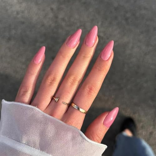Press on Nails Medium Almond Stiletto Gel Fake Nails Medium Glossy Dark Pink