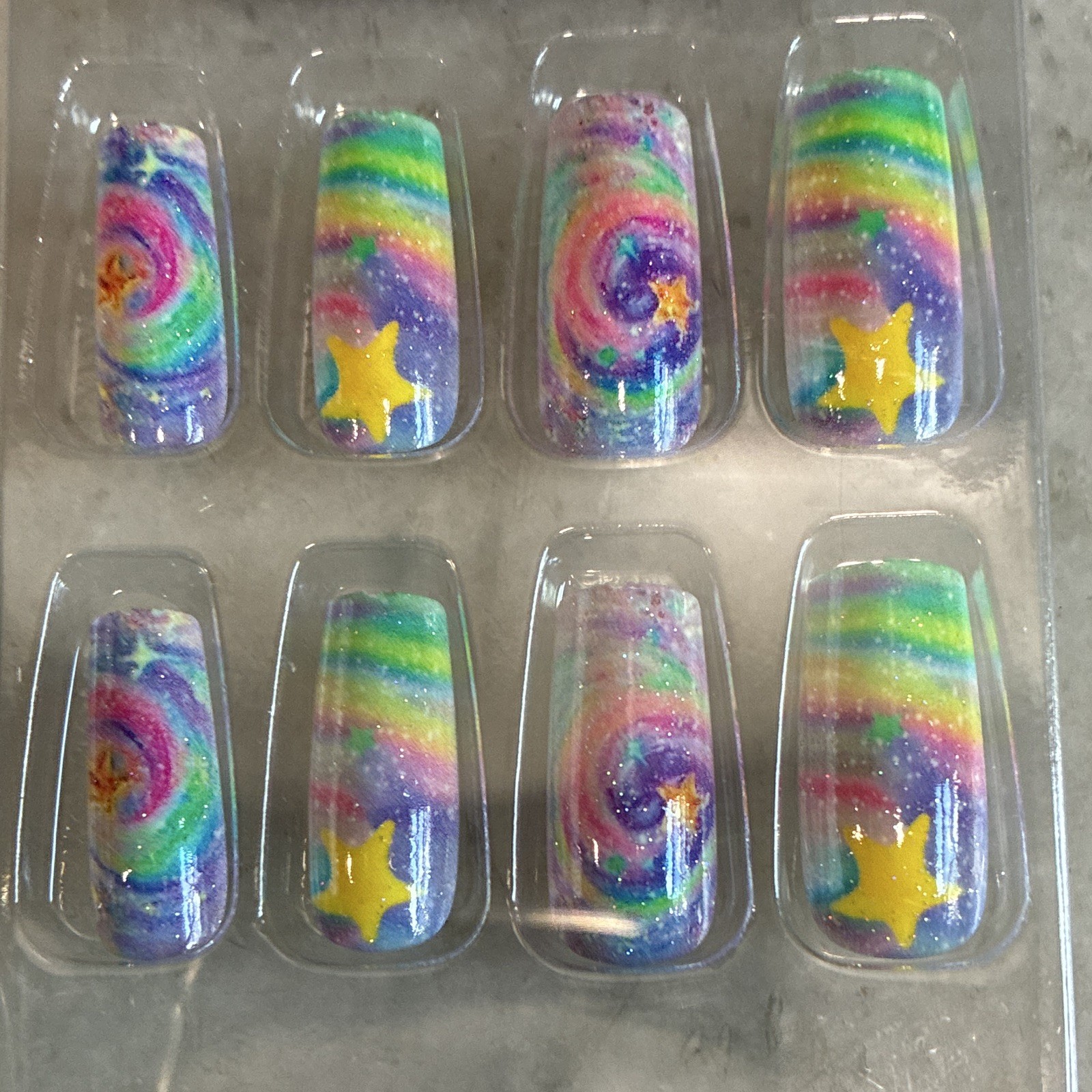Press-On Nails Pre-Designed Medium Square Full Cover Glitter Rainbow Stars PVC