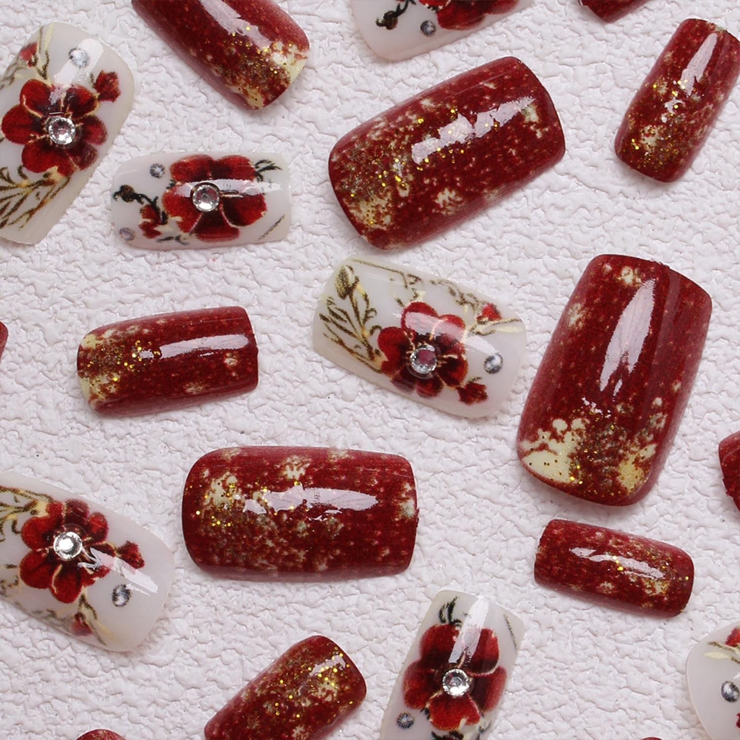 Red Flowers Press on Nails Medium Square Fake Nail with Rhinestones Gold Foil…