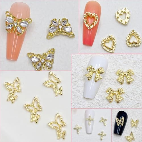 106 PCS Gold Nail Charms 3D Nail Art Charms Cherry Butterfly Cross Bow Star