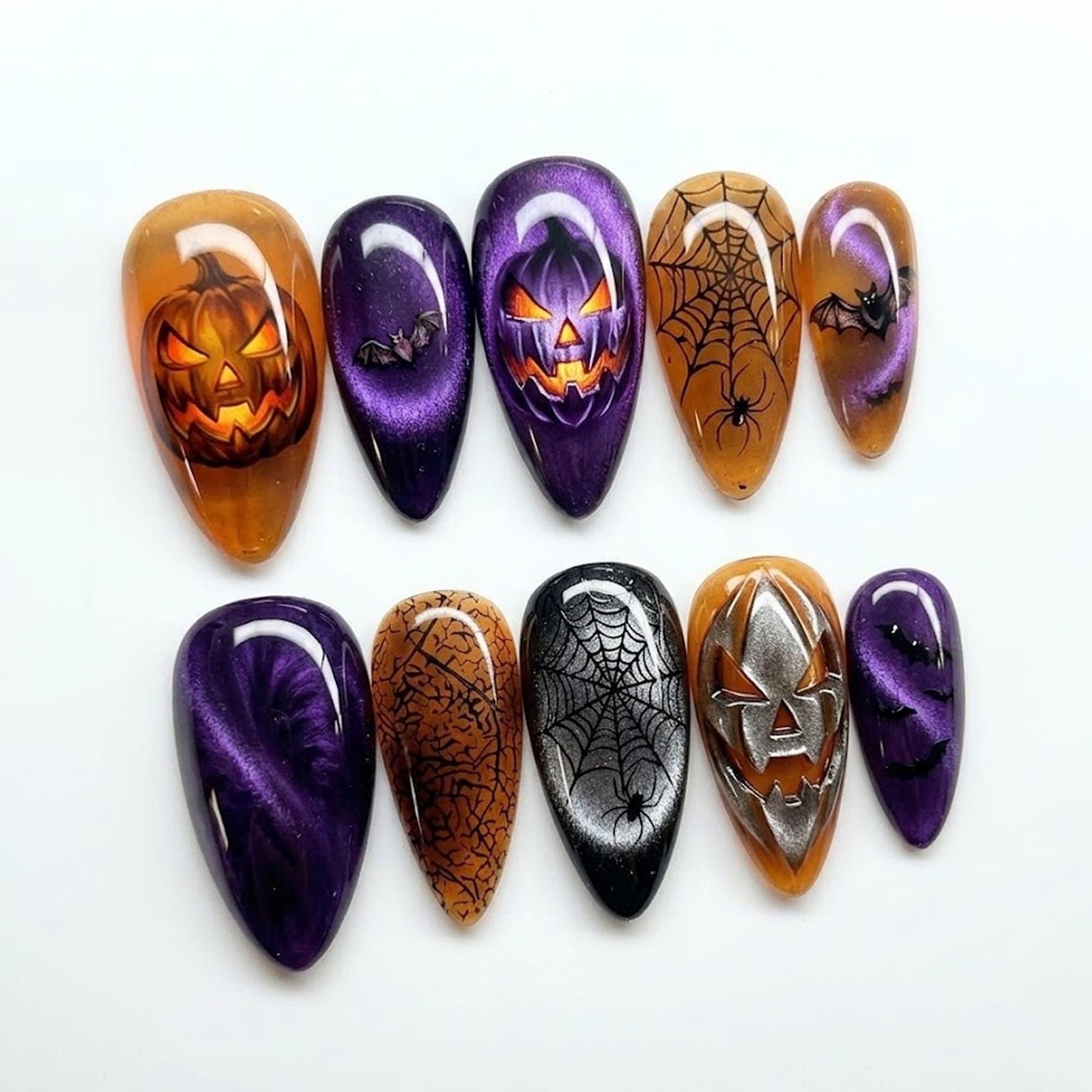 Custom Handmade Halloween Pumpkin Bat Spider Web Purple Stiletto Press on Nails