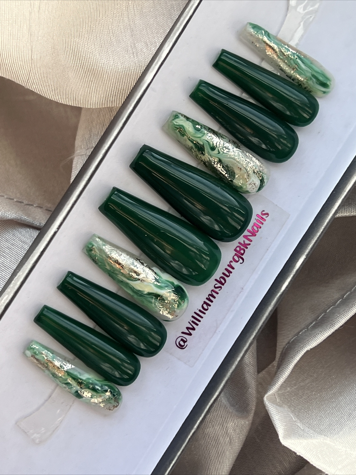 ✨ORIGINAL LUXURY Gel Press On Nails, Green Gold Flakes Coffin, 10p W/ kit MED