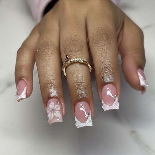Flower White French Tip Square Press on Nails – Fake 5