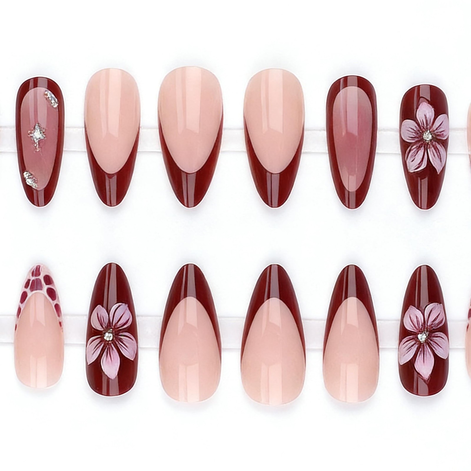 24Pcs 3D Flower French Tip Press on Nails Almond Fake Nails Burgundy Gradient…