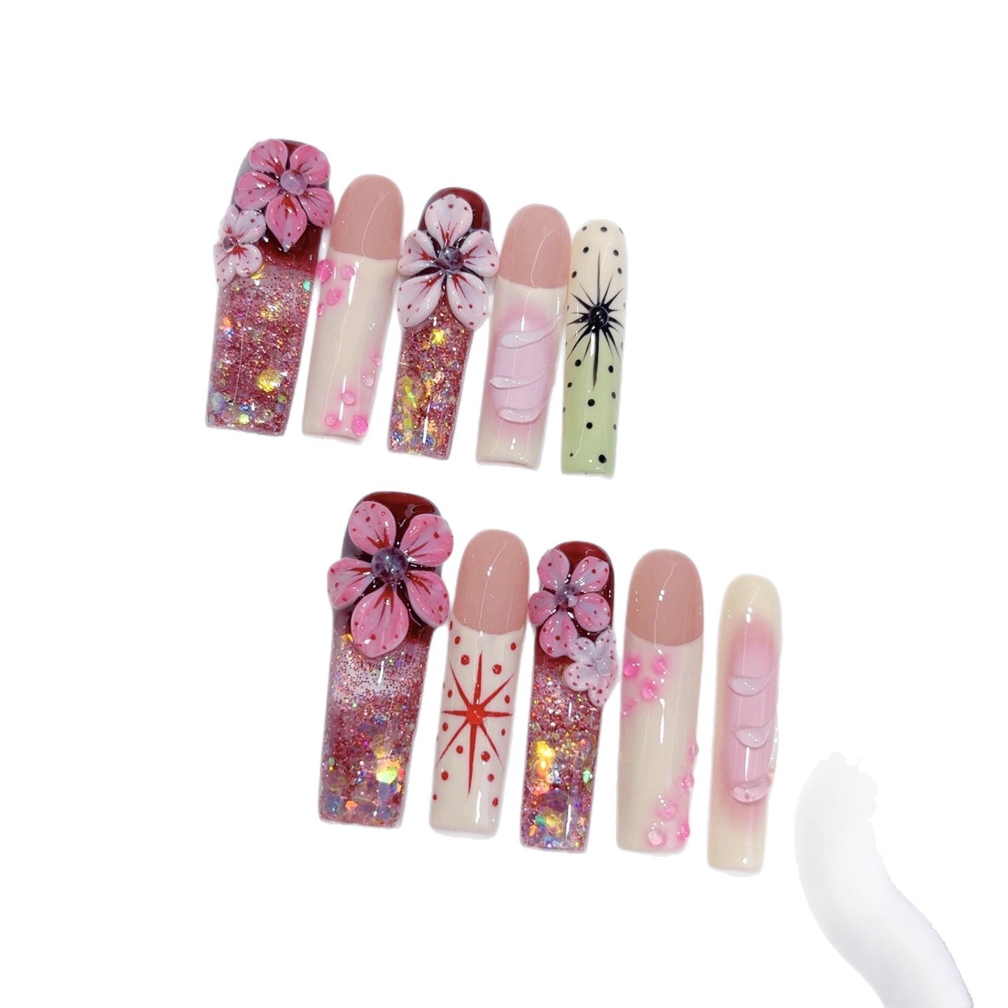 10Pcs Retro Glitter 3D Relief Carved Long Tapered Press On Nails For Dating