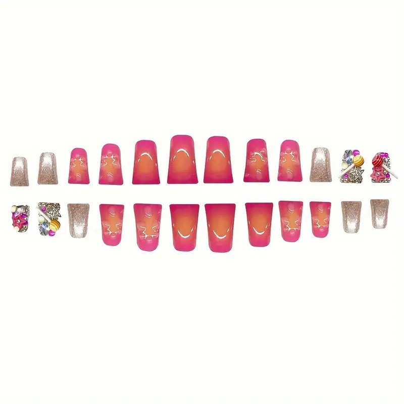 24pcs-Playful Press on Nail with 3D Lollipop Charms, Sparkle and Gradient Colors