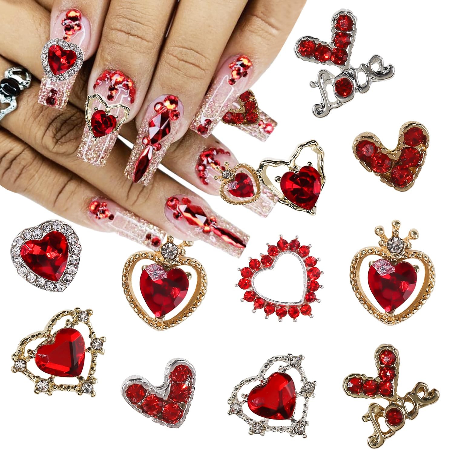 Valentines Nail Charms 22PCS Heart Rhinestone Nail Art Decorations