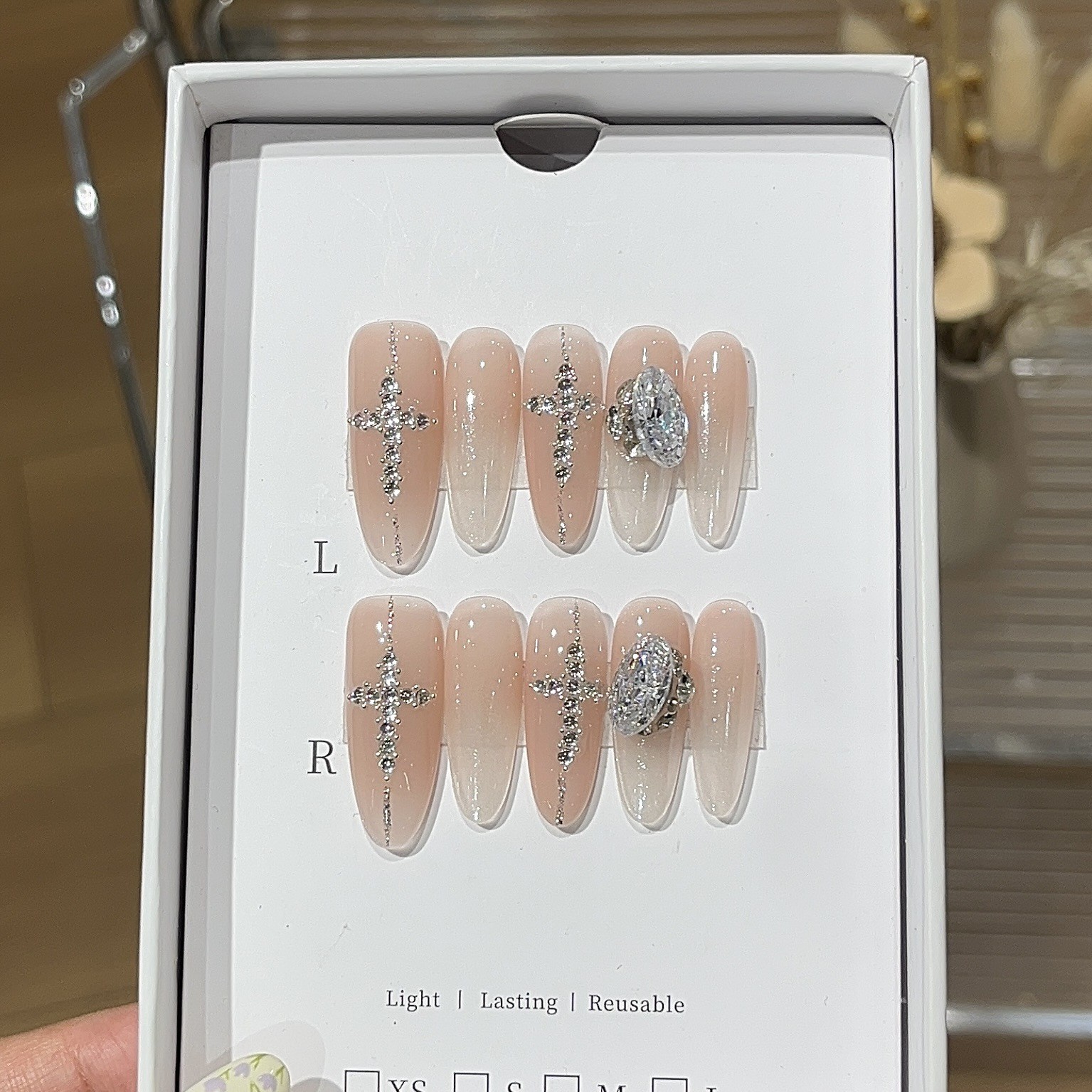 10Pcs Handmade Milky White Gradient Nails Cross Zircon Bridal Dating Style