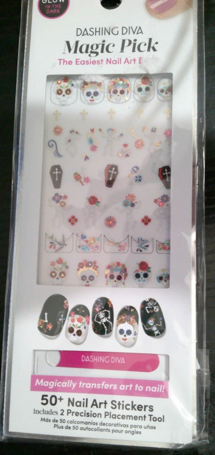 NEW Dashing Diva Magic pick 50+ nail art stickers GLOW IN THE DARK SUGAR SKULLS