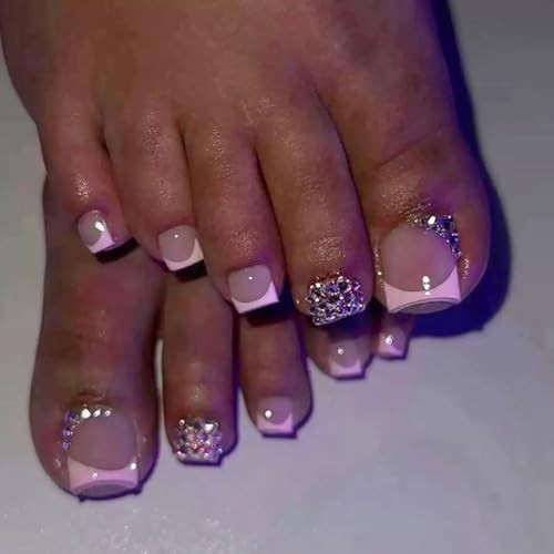 CTTHNBD Press on Toenails – Pink French Tip with Rhinestone Design – Bling