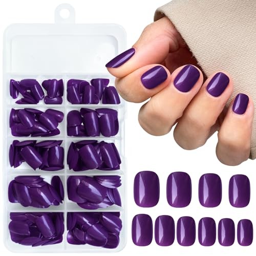 Short Press on Nails Short Square Round Fake Nails Glossy Full Deep Purple
