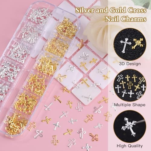 5 Boxes Gold and Silver Nail Charms, 3D Star Cross Nail Charms, Gold Silver