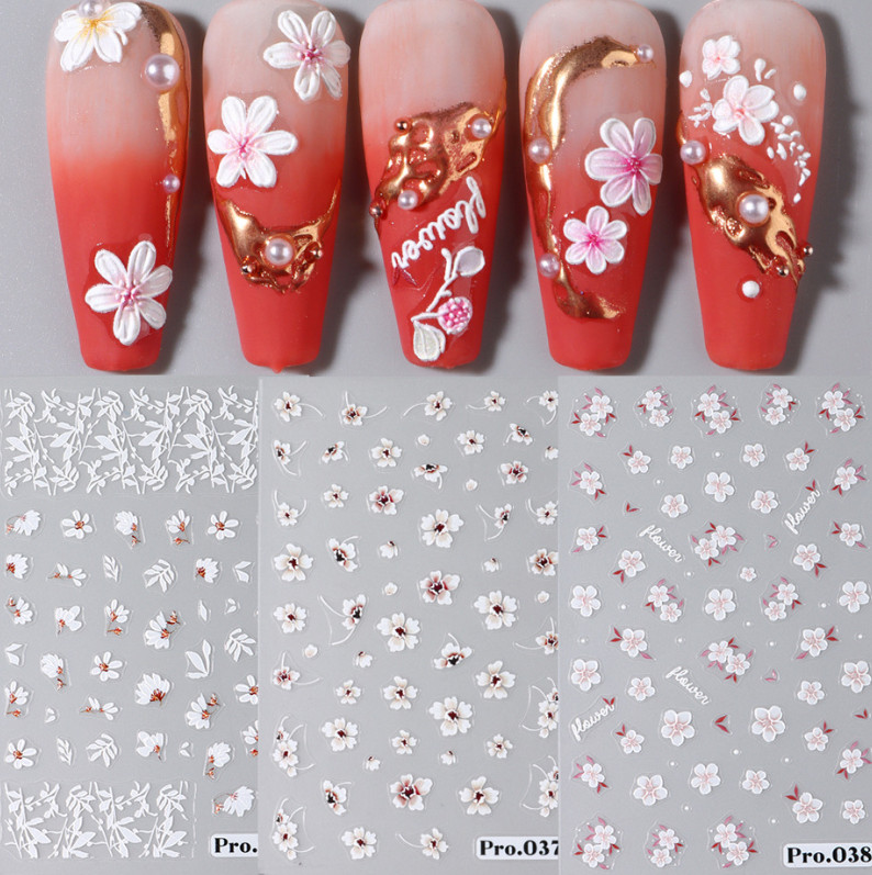 5D Embossed White Sakura Daisy Camellia Flowers Decal Nail Stickers Slider NS52