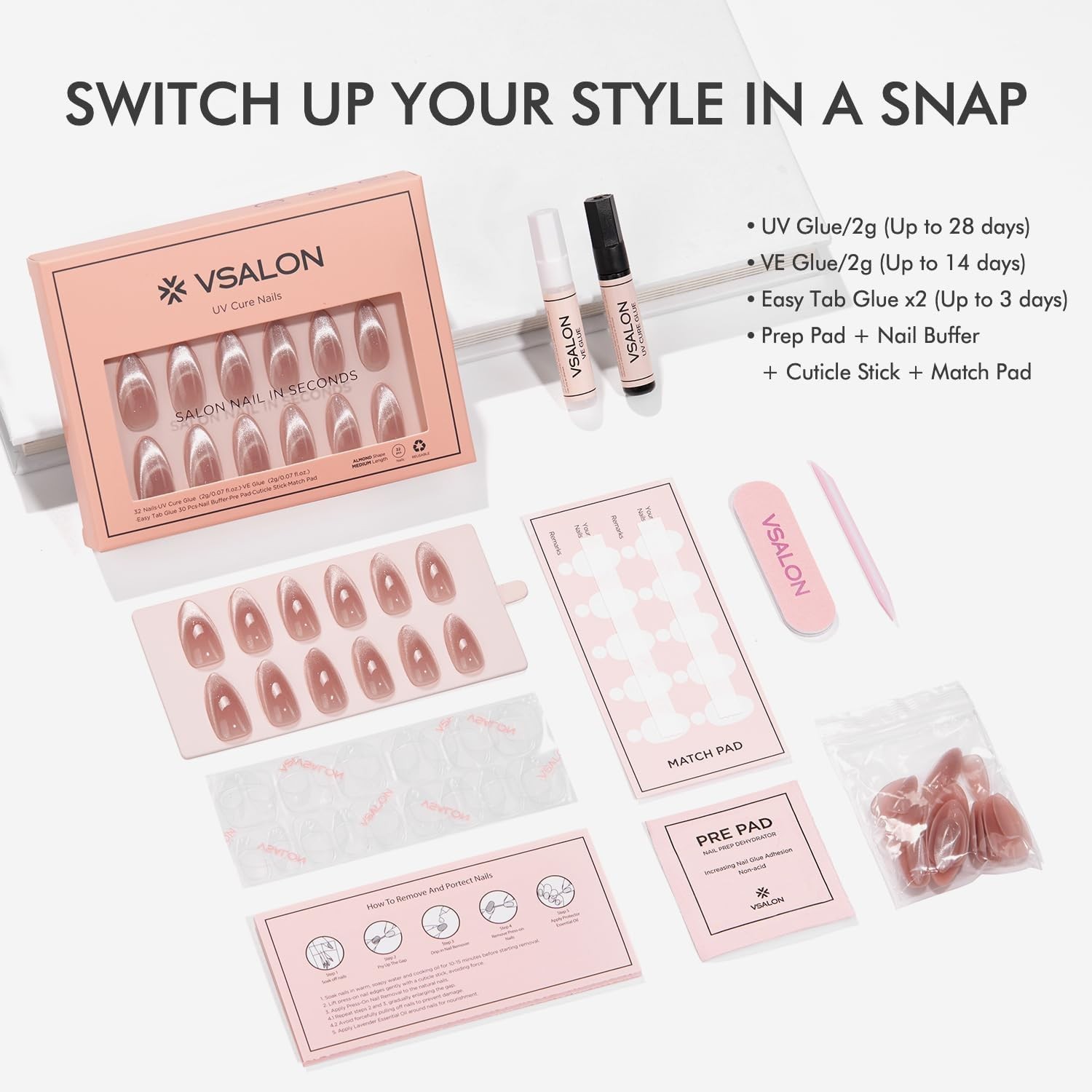 VSALON Cat Eye Press On Nails, Medium Almond, Pink Shimmer, Reusable