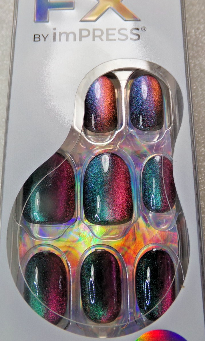Impress Color FX NAILS Shiny Green/Pink Cats Eye Glue on Short Magnetic Effect
