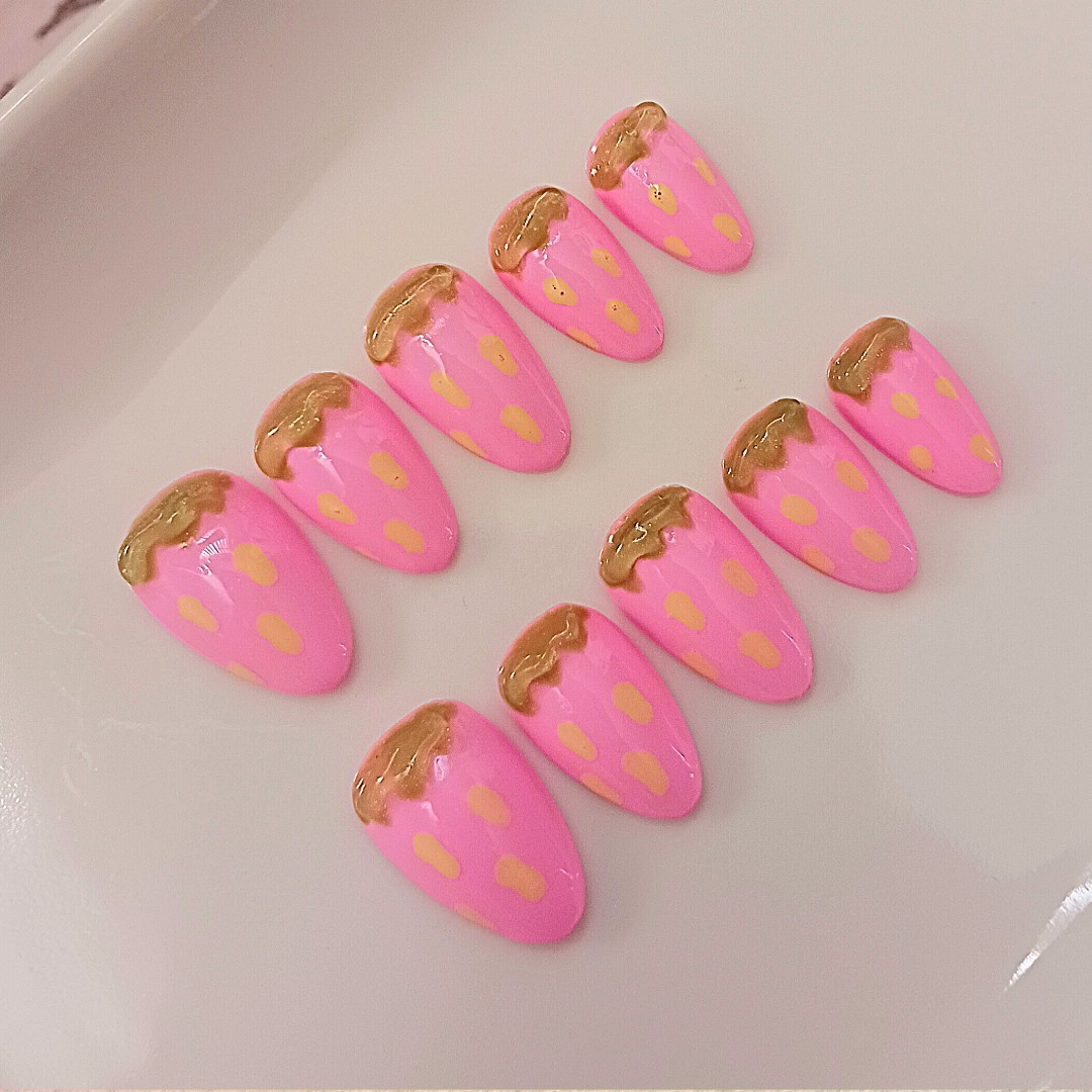 ✨️🎀Strawberry Pink Handmade Press on Nail Art Set 10pcs Size S Short Almond