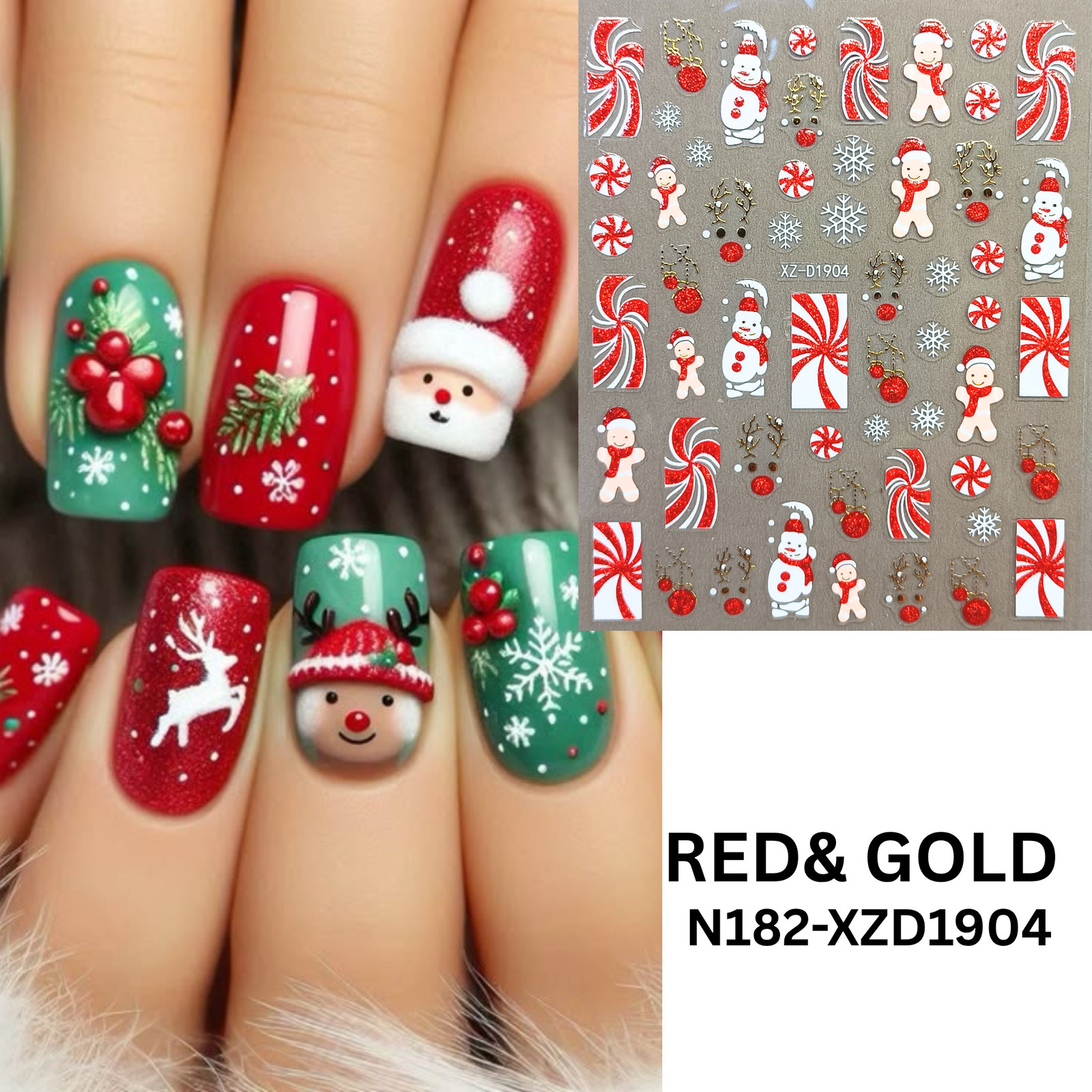 Set of 12 Christmas 3D Nail Decals – Holiday Reindeer, Candy Cane, Santa & Snowf